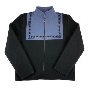 South Wool 100% Virgin Wool Full Zip‎ Jacket Embroidered Black Blue Size Large